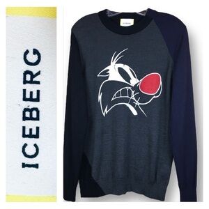 ICEBERG Vintage Looney Tunes Sylvester Big Face Color Block Wool Blend Sweatet